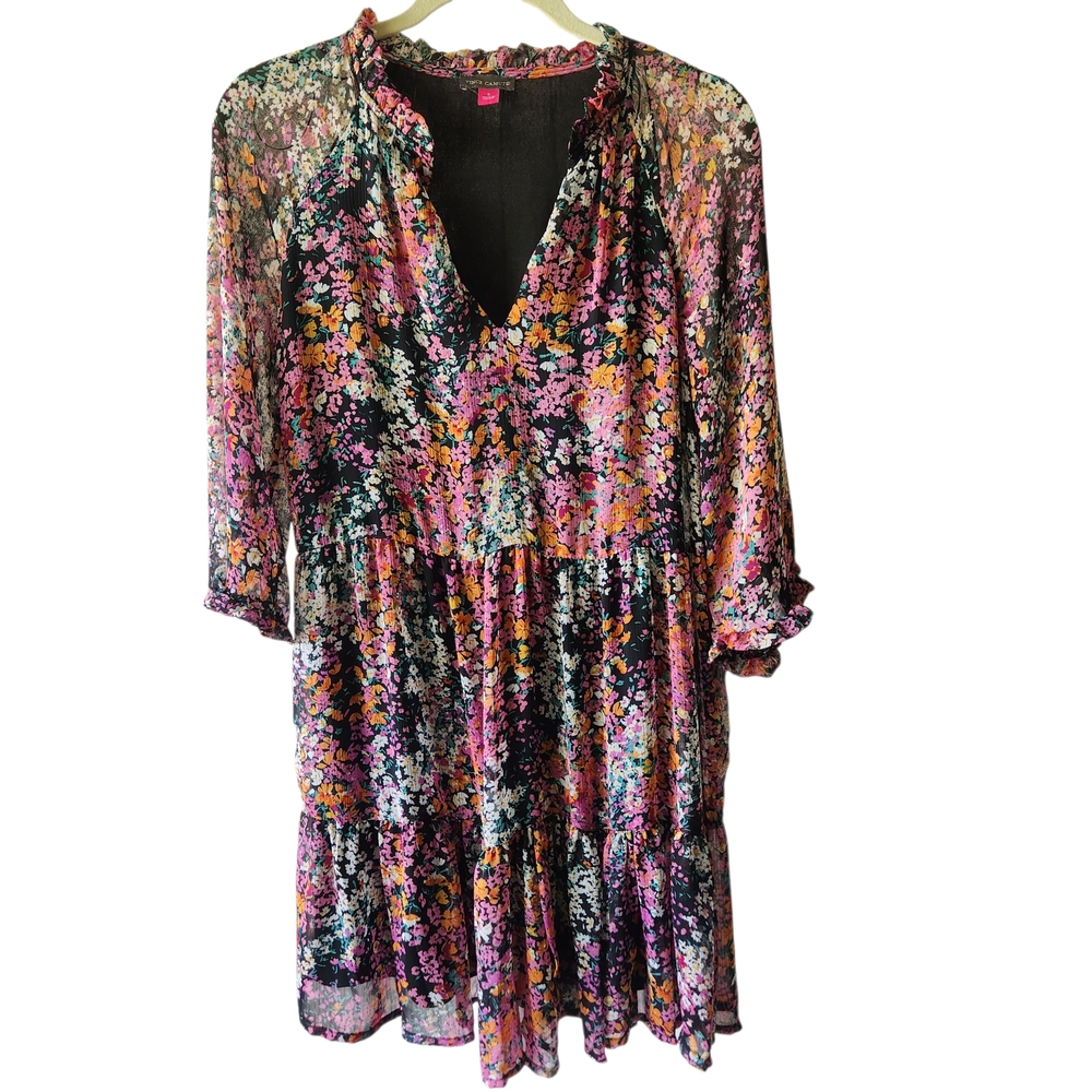 Vince Camuto Black Multicolor Floral Dress Size Small Tiers Ruffles Cottagecore